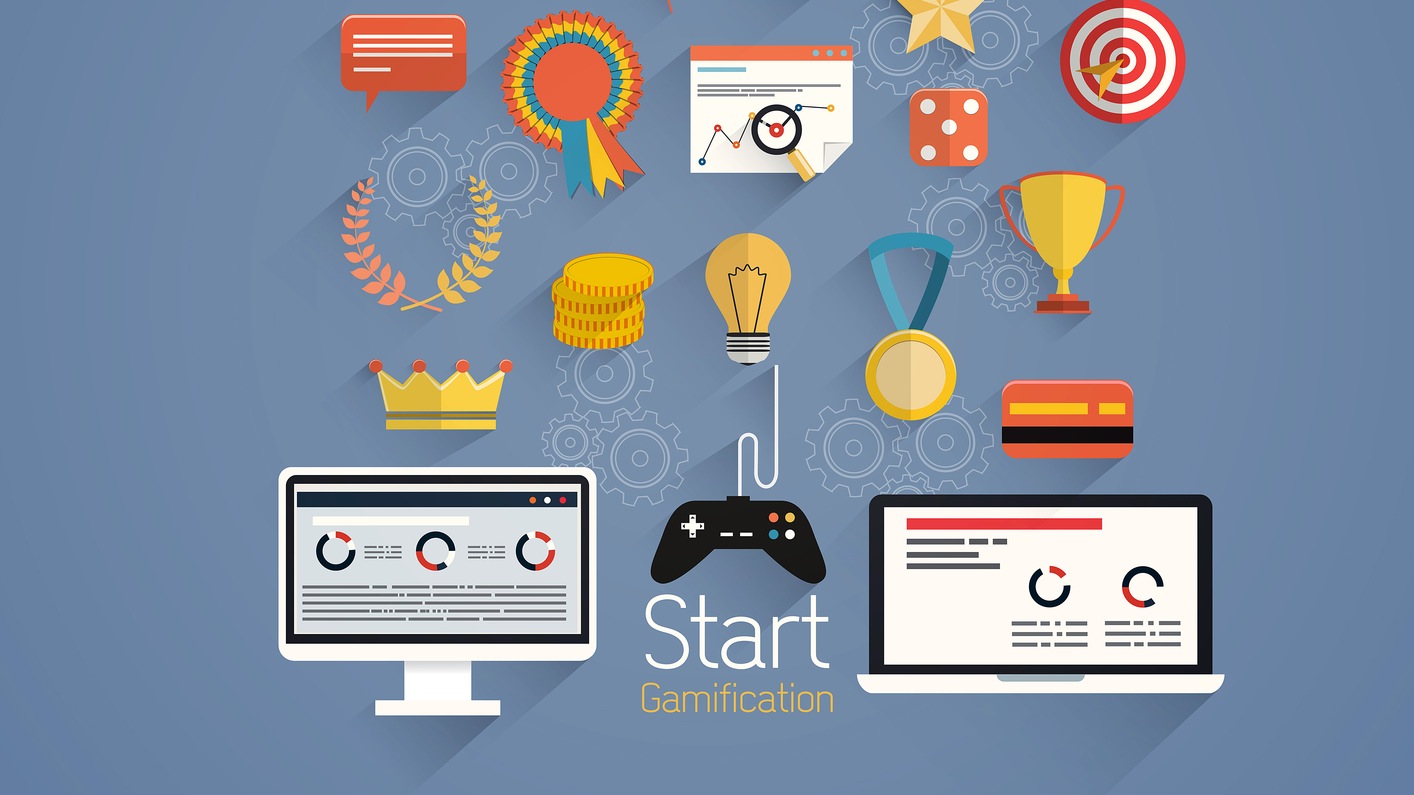 Gamification in business- Design elements and icons with rewards and achievement badges- Flat style. Vector